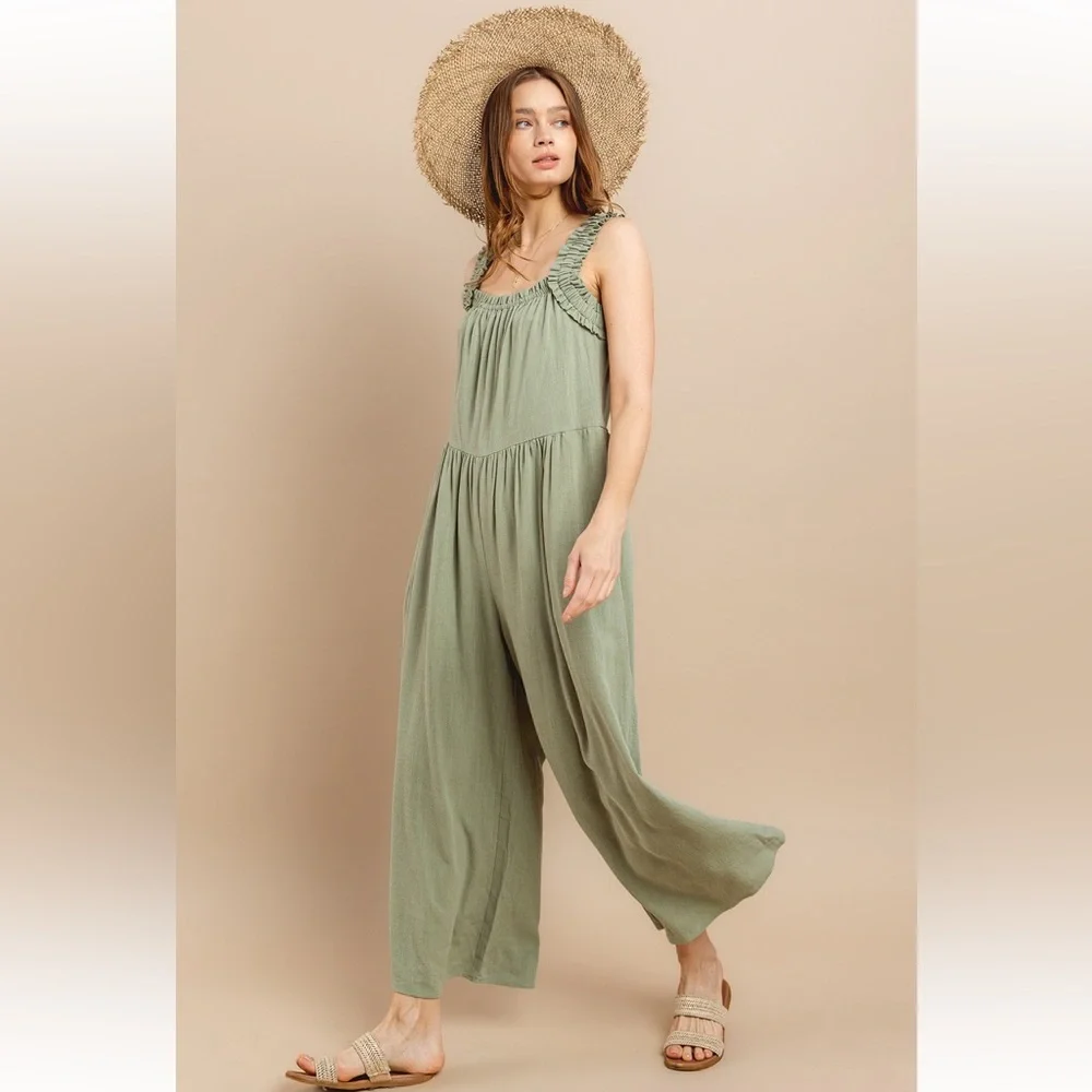 18 Solid Ruffle Strap Wide Leg Jumpsuit - Picture 7 of 9